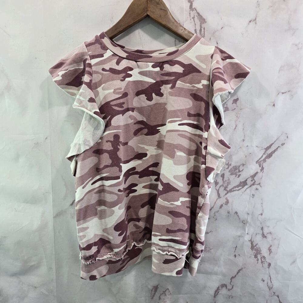 Anthropologie Shirt Womens Small Sweatshirt Pink Camo Ruffle Crew Tla Short